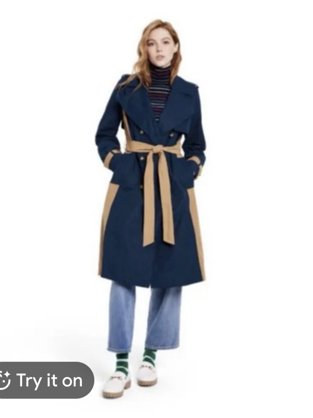 LA LIGNE X TARGET Side Stripe Navy and Tan Trench Coat - Classic Belted Coat XL - Picture 3 of 12